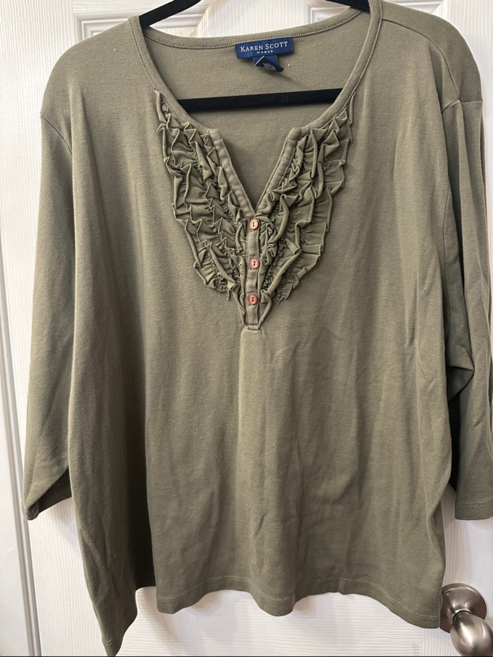 Karen Scott Olive Ruffle V-Neck Three-Quarter Sleeve 3X Woman’s Tunic